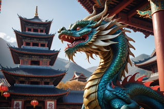 ultra realistic, high_res, prism light, detailmaster2, conceptual photography, masterpiece, ultra detailed, chinese temple in background, eastern dragon, chinese dragon, hyper detailed, ultra realistic, photo r3al, correct_anatomy, no human, 