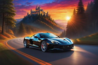 black sports car,  high speed drive, autobahn,  colorful,  ultra highly detailed,  32 k,  Fantastic Realism complex background,   dynamic lighting,  lights,  digital painting,  intricated pose,  highly detailed intricated,  stunning,  textures,  iridescent and luminescent scales,  breathtaking beauty,  pure perfection,  divine presence,  unforgettable,  impressive,  volumetric light,  auras,  rays,  vivid colors reflects,  sf,  greg rutkowski,  colorful,  ultra highly detailed,  32 k,  head lights on,  Dawn with sunrise over pretty forest landscape, castle in distant background, Car driving towards sunrise.
