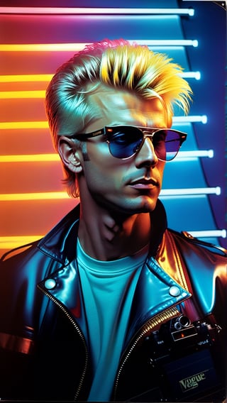 1 man full body, all with blond hair, blue eyes, wearing sunglasses, man with short new wave hairstyle,
ultra realistic, high_res, prism light, 80s punk rock fashion, formal posing, warm tone, detailmaster2,Vogue, Holding a Camera from 1970s, large Neon lights sign in background.
