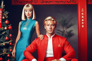 no Asian man, no Asian woman, No Asians, no asian features, no Chinese men, no chinese woman, only Caucasian,

2 man, 1girl, full body, blond hair,  blue eyes, full body,  all with blond hair, 1st Caucasian man with new wave hairstyle and wearing black Tang suit, 2nd Caucasian man wearing white Tang suit, the Caucasian woman with new wave hair style, woman wearing Red cheongsam, 
ultra realistic, high_res, prism light, 80s fashion, , formal posing, detailmaster2, conceptual photography, masterpiece, ultra detailed, large christmas tree, traditional chinese house interior, chinese_text