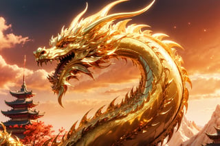 masterpiece, top quality, best quality, official art, beautiful and aesthetic:1.2) ,chinese dragon, eastern dragon, golden line, (red theme:1.1), volumetric lighting, ultra-high quality, photorealistic, sky background, Chinese landscape in background.