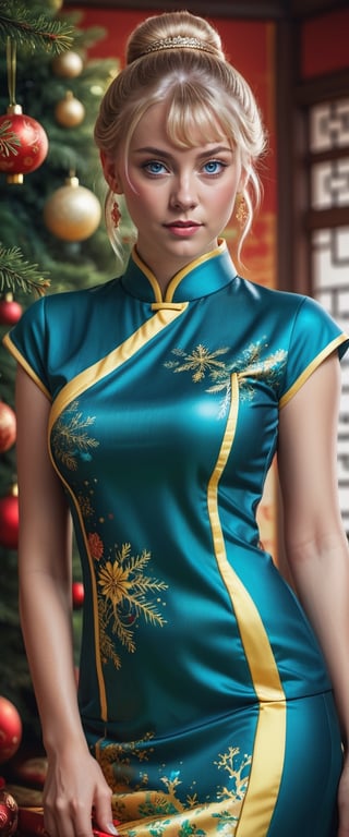 1 woman, Caucasian, full body, blue eyes, with blond hair,hair bun hairstyle, long hair , bangs, wearing yellow chinese Cheongsam, short sleeve,
ultra realistic, high_res, prism light, formal posing, detailmaster2, conceptual photography, masterpiece, ultra detailed, large christmas tree, christmas background, traditional chinese house, chinese text,
hyper detailed, ultra realistic, photo r3al, correct_anatomy,
no Asian man, no Asian woman, No Asians, no asian features, no Chinese men, no chinese woman, only Caucasian, only white people,