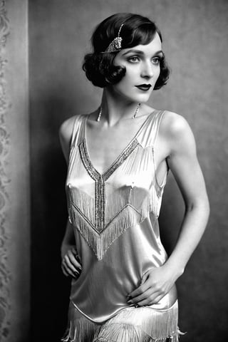 1920's {black and white} photograph of 30 year old woman , Flapper bob, smokey eyes  wearing Silk chemise with beaded fringe hem, drop waist, and scalloped lace trim , Jazz-age boudoir , Graflex Speed Graphic, 127mm f/4.5, 1/25s, ISO 100, Autochrome ,b/w, ((black and white photo)) , film grain