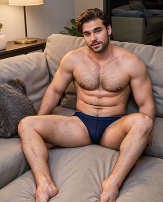 Photorealistic photo of a handsome male. He is sitting on the couch in his underwear.  He has a hairy chest and hairy legs.  It's nighttime and the lighting is subdued warm.