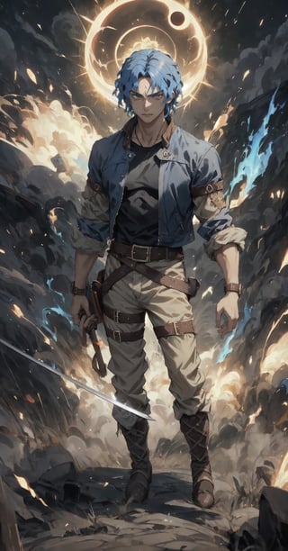 man of incredible beauty, blue hair, wavy hair, blue eyes, a black leather jacket, beige pants, in a combat pose, swordsman, ready to fight, a man of 25 years old, stubble facial hair, a cute boy, muscular, muscular male, It illustrates the overwhelming moment in which the boy, with a movement of his hand, caused a powerful eclipse that plunged the earth into darkness, filling people's hearts with terror. city. mortals. Create a work of art that captures the profound impact of this celestial event and the spiritual connection between man and the mortal realm, using striking imagery, dramatic contrasts and symbolism to convey the fear and reverence inspired by the actions of this ancient deity, overcoming the stampede