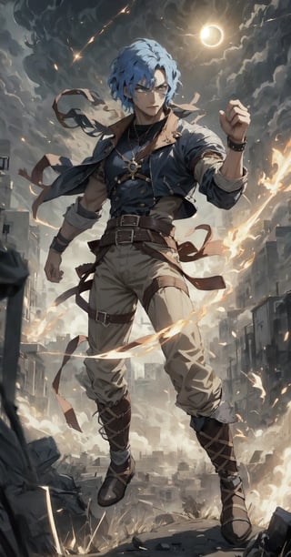 man of incredible beauty, blue hair, wavy hair, blue eyes, a black leather jacket, beige pants, in a combat pose, swordsman, ready to fight, a man of 25 years old, stubble facial hair, a cute boy, muscular, muscular male, It illustrates the overwhelming moment in which the boy, with a movement of his hand, caused a powerful eclipse that plunged the earth into darkness, filling people's hearts with terror. city. mortals. Create a work of art that captures the profound impact of this celestial event and the spiritual connection between man and the mortal realm, using striking imagery, dramatic contrasts and symbolism to convey the fear and reverence inspired by the actions of this ancient deity, overcoming the stampede