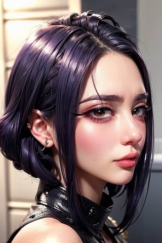 (((masterpiece))),(((sharp eyes))),(((long eyelashes and eyeliner))),(((very beautiful face))),(((Colossal tits))),(((small waist))), 



(((lora:JYNQluojiaying))),Purple short hair,brownish red eyes,blue police uniform,belt,black suit pants,