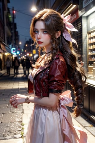 (((masterpiece))),(((sharp eyes))),(((long eyelashes and eyeliner))),(((very beautiful face))),(((face))),((large tits))),(((small waist))), 



masterpiece, best quality, aerith gainsborough, choker, cropped jacket, hair bow, bracelet, pink dress, cowboy shot, looking at viewer, night, city streets, slums, smile, holding a yellow flower (((lora:aerith-nvwls-v1-000010:0.9))),