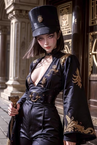 (((masterpiece))),(((sharp eyes))),(((long eyelashes and eyeliner))),(((very beautiful face))),(((face))),((large tits))),(((small waist))), 



wearing embroidery traditional chinse suit,Dynamic Angle,Perspective,realistic,glowing,xuer Embroidered Uniform Guard,1girl,solo focus,holding sword,hat,black hair,gloves,red lips,tassel,blurry background,blurry,lips,upper body,closed mouth,long sleeves,male focus,solo,handsome_girl,lora:绪儿-锦衣卫 xuer Embroidered Uniform Guard:0.8,