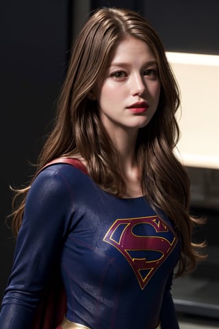 photorealistic, masterpiece, best quality, raw photo, 1girl, medium breasts, long hair, brown hair, collared shirt, looking at viewer, dynamic lighting, in the dark, deep shadow, low key, intricate detail, detailed skin, pore, highres, hdr, supergirl ,Melissa Benoist,supergirl