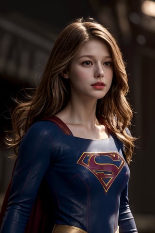 photorealistic, masterpiece, best quality, raw photo, 1girl, medium breasts, long hair, brown hair, collared shirt, looking at viewer, dynamic lighting, in the dark, deep shadow, low key, intricate detail, detailed skin, pore, highres, hdr, supergirl ,Melissa Benoist,supergirl