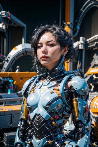 (masterpiece), (cinematic, city lights:1.2), city, overcast, 1girl, black hair, short hair, wavy hair,Extremely Realistic,Mecha body,Blue_Beetle,