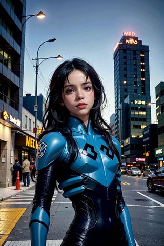 (masterpiece), (cinematic, city lights:1.2), city, overcast, 1girl, black hair, medium hair, wavy hair,Extremely Realistic,Mecha suit,Blue_Beetle,