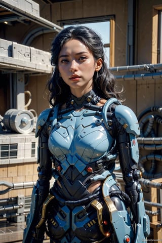 (masterpiece), (cinematic, city lights:1.2), city, overcast, 1girl, black hair, medium hair, wavy hair,Extremely Realistic,Mecha body,Blue_Beetle,