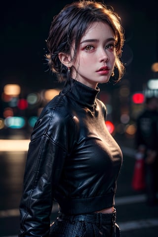 photo of beautiful (n4t3mm:0.99), a woman as a movie star, turtleneck sweater, black jacket, (trousers), movie premiere gala, dark moody ambience (masterpiece:1.2) (photorealistic:1.2) (bokeh) (best quality) (detailed skin:1.2) (intricate details) (nighttime) (8k) (HDR) (cinematic lighting) (sharp focus), (looking at the camera:1.1), ((closeup portrait:1.2)), (earrings), colorful outfit,nightwing