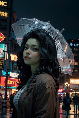 (masterpiece), (cinematic, city lights:1.2), city, overcast, rain, 1girl, black hair, medium hair, wavy hair, umbrella,Extremely Realistic,shehulk