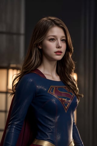 photorealistic, masterpiece, best quality, raw photo, 1girl, medium breasts, long hair, brown hair, collared shirt, looking at viewer, dynamic lighting, in the dark, deep shadow, low key, intricate detail, detailed skin, pore, highres, hdr, supergirl ,Melissa Benoist,supergirl