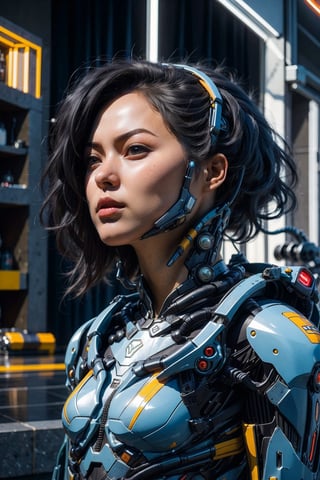 (masterpiece), (cinematic, city lights:1.2), city, overcast, 1girl, black hair, short hair, wavy hair,Extremely Realistic,Mecha body,Blue_Beetle,