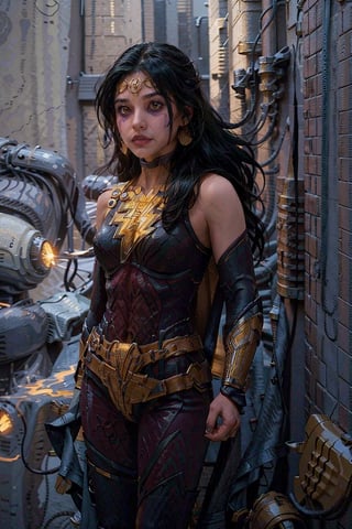 (masterpiece), (cinematic, city lights:1.2), city, overcast, 1girl, black hair, medium hair, wavy hair,Extremely Realistic,shazamsuit