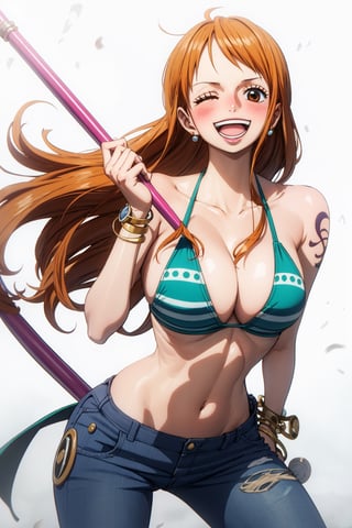 masterpiece, best quality,  ,1girl, nami (one piece), breasts, swimsuit, bikini, solo, orange hair, one eye closed, large breasts, navel, long hair, pants, looking at viewer, jewelry, smile, open mouth, tattoo, jeans, eyewear on head, earrings, white background, green bikini, simple background, denim, holding, sunglasses, bangs, bracelet, staff, blush, cleavage, collarbone, blue pants, bare shoulders, holding staff, ;d, polearm, upper teeth only, stomach,nami \(one piece\),One piece style