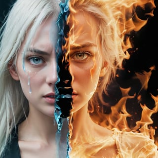 Split image of a Women, 
left half is burning with fire and the right half is ice, 
The left half of the face is extremely angry, and the right half of the face is crying and shedding tears.
Half blonde hair, half white hair,

more detail XL, 
fire element, 

ice, b3rli, ,composed of fire elements