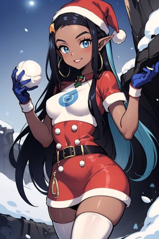 Nessa is a dark skinned girl with a very slender physique, long blue and black striped hair and blue eyes. She wears a santa outfit that is red with white trim, she wears a red santa hat, she is in a snowy cave with christmas lights, she has long white gloves, she has white tights, smile, red clothing, red dress, elf_ears, holding snowball, long white gloves