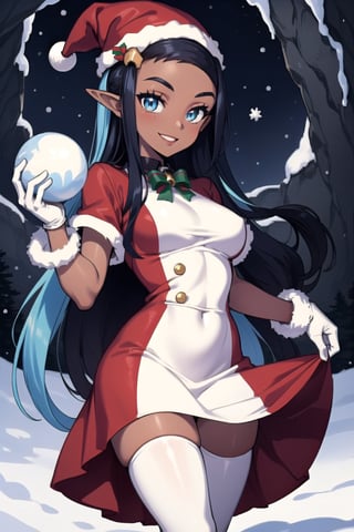 Nessa is a dark skinned girl with a very slender physique, long blue and black striped hair and blue eyes. She wears a santa outfit that is red with white trim, she wears a red santa hat, she is in a snowy cave with christmas lights, she has long white gloves, she has white tights, smile, red clothing, red dress, elf_ears, holding snowball, long white gloves