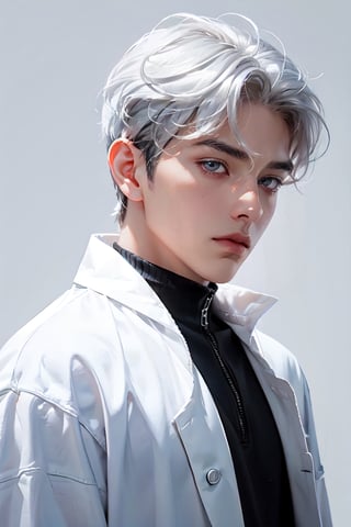 1boy, solo, male focus, simple background, 40 yo old, silver eyes, wavy hair, white hair, expressionless, Greek, white gloves, bangs, labcoat, facing foward, front view, mature male, 