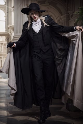 1boy, male focus, solo, pale tattooed attractive pretty man with soft beautiful long white blond hair, long hair, white blond hair, blue eyes, pale skin, black jacket, black tailsuit, bowtie, black pants, black riding boots, black gloves, black fedora, black cape, black cloak, simple background, full body,phntm,photorealistic