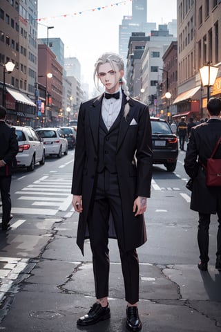 1boy, male focus, solo, pale tattooed attractive pretty man with soft beautiful long white blond hair, side braid, white blond hair in braid over chest, long hair, blond hair, blue eyes, pale skin, tattoos, tattooed, single braid, full body, long sleeves, black tuxedo, black dress shirt, black pants, black combat boots, silver earrings, pearl choker, ear piercings, red carpet, formally dressed celebrities in background, formal hollywood event, night, dark, dark theme, nphot,nphot,CHIBI