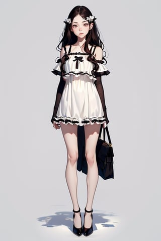 1girl, long hair, dark brown hair, parted hair, wavy hair, pale skin, dark brown eyes, frills, white camisole, short dress, bags under eyes, simple background, :3, full body, standing,highres