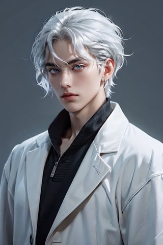 1boy, solo, male focus, simple background, 40 yo old, silver eyes, wavy hair, white hair, expressionless, Greek, white gloves, bangs,