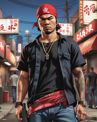 Asian gang member, wearing baggy jeans , black shirt, red bandana, mid body shot, in the style of Grand Theft Auto, loading screens, GTA style artwork, highly detailed, celshading, digital painting style, dramatic composition, 21st Century comic book cover, studio lighting,syonbenyokocho