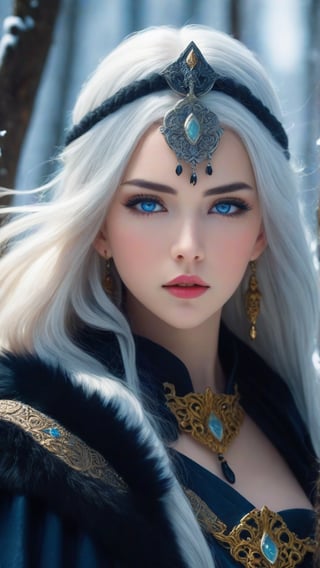 A fierce female warrior fighting in a snowy forest, in Medieval cloak, fur trimmed cloak, long hair, looking at viewer, blue eyes, simple background, (hair ornament), gem, tassel, hair between eyes, jewelry, upper body, earrings, lips, fur trim, eyelashes, portrait, beads, emo, (sharp eyes:1.4), (rebellious:1.4), (fierce:1.4), (standing: 1.2), silver-white hair, Gothic make-up, tough, wild. Kyoto Animation stylized anime, cinematic Lighting, ethereal light, intricate details, extremely detailed, incredible details, full colored, complex details, insanely detailed and intricate, hyper maximalist, gorgeous light and shadow, detailed decoration, detailed lines. Masterpiece, best quality, aerial view, HDR, UHD, unreal engine. looking at the camera, dark Fantasy background, representative, fair skin, beautiful face,A beautiful girl, blonde hair, dynamic character, detailed exquisite face, bold high quality, high contrast,art_booster,DonMS4kur4XL