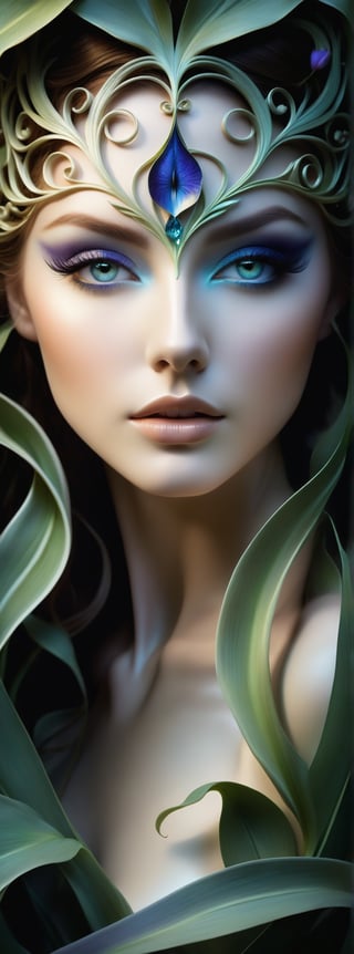 Mysterious visage emerges from the mind's eye, surrounded by ethereal whispers of nature: wispy vines curl around the figure, as delicate as Chris Rahn's intricate lines. The subject's eyes are a labyrinth of pupils and irises, rendered in soft skin texture with extraordinary detail, reminiscent of Aleksandrovna Ekster's ornate designs. Volumetric lighting casts an otherworldly glow, illuminating the digital painting with precision.