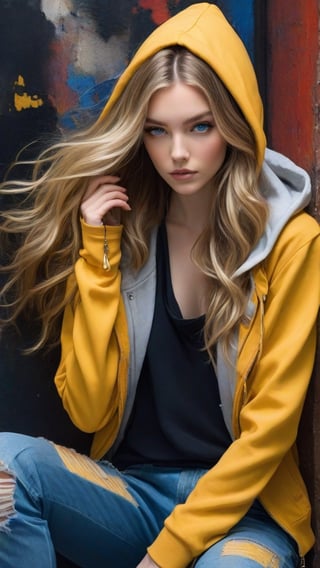 A young individual with big, flowing hair obscuring their face sits confidently, gazing directly at the viewer. Messy locks frame their blue eyes, which seem to hold a quiet intensity. A choker adorns their neck, while a dog tail pendant dangles from their jacket. One hand rests in their pocket, clad in a worn-out hoodie and yellow jacket with open sleeves. Long hair cascades down their back, and their nails are painted with vibrant polish. The subject's clothing is intentionally open, showcasing their confidence. The background features a gritty newspaper-covered wall, adding to the overall edgy atmosphere.