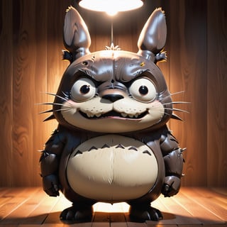 Super creepy caricature of Totoro in Pixar style, well-formed, wooden boy, really long nose, chibi, 3d rendered model, character design, cozy lighting, wealth of details, dark fantasy horror, octane render, style of Mad Magazine, Disney, Tim Burton, Mahesh Nambiar, 🏚️