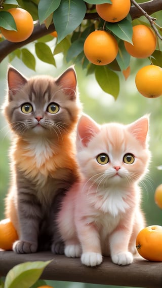 Side view shot, Turn around and look ahead, Two cute little fluffy fat kittens wearing pink coat sit down on the orange tree branch and Picking oranges from the treeand smiled happily, Autumn style, realistic high quality orange tree, oranges full the branch, maple leaves falling, big eyes so cute and beautiful, under the tree have a table, and apples and beautiful flowers, maple leaves falling, orange near flowers, Turn around and look viewers , pink flowers blooming fantastic amazing and romantic lighting bokeh, yellow flowers blooming realistic and green plants amazing tale and lighting as background, Xxmix_Catecat