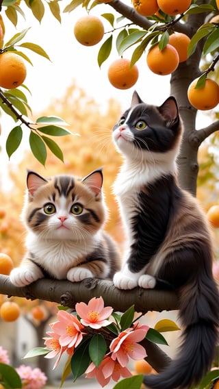 Side view shot, Turn around and look ahead, Two cute little fluffy fat kittens wearing pink coat sit down on the orange tree branch and Picking oranges from the treeand smiled happily, Autumn style, realistic high quality orange tree, oranges full the branch, maple leaves falling, big eyes so cute and beautiful, under the tree have a table, and apples and beautiful flowers, maple leaves falling, orange near flowers, Turn around and look viewers , pink flowers blooming fantastic amazing and romantic lighting bokeh, yellow flowers blooming realistic and green plants amazing tale and lighting as background, Xxmix_Catecat