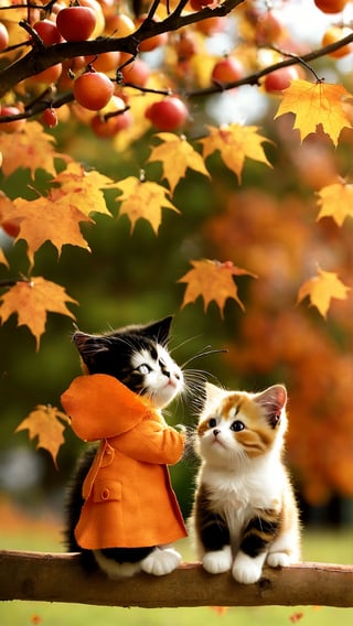 Side view shot, Turn around and look ahead, Two cute little fluffy fat kittens wearing pink coat sit down on the orange tree branch and Picking oranges from the treeand smiled happily, Autumn style, realistic high quality orange tree, oranges full the branch, maple leaves falling, big eyes so cute and beautiful, under the tree have a table, and apples and beautiful flowers, maple leaves falling, orange near flowers, Turn around and look viewers , pink flowers blooming fantastic amazing and romantic lighting bokeh, yellow flowers blooming realistic and green plants amazing tale and lighting as background, Xxmix_Catecat