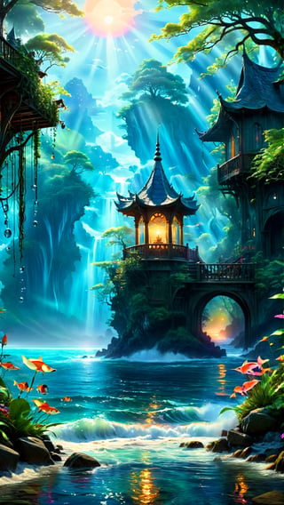 ocean,tropisl coast ,elven  fantasy art, cinema 4d, matte painting, polished, beautiful, colorful, intricate, eldritch, ethereal, vibrant, surrealism, surrealism, vray, nvdia ray tracing, cryengine, magical, 4k, 8k, masterpiece, crystal, romanticism -- Create a stunning landscape of an illuminated enchanted forest in the twilight. The painting should have a soft, ethereal lighting and vibrant pastel colors. The style should be realistic, resembling the works of Thomas Kinkade. Use oil on canvas as the medium, focusing on creating a high-definition scenic painting. in Brooding landscapes, epic scale, German myth, layered symbolic density,Cinematic ,cute cartoon 