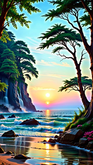 ocean,tropisl coast ,elven  fantasy art, cinema 4d, matte painting, polished, beautiful, colorful, intricate, eldritch, ethereal, vibrant, surrealism, surrealism, vray, nvdia ray tracing, cryengine, magical, 4k, 8k, masterpiece, crystal, romanticism -- Create a stunning landscape of an illuminated enchanted forest in the twilight. The painting should have a soft, ethereal lighting and vibrant pastel colors. The style should be realistic, resembling the works of Thomas Kinkade. Use oil on canvas as the medium, focusing on creating a high-definition scenic painting. in Brooding landscapes, epic scale, German myth, layered symbolic density,Cinematic 