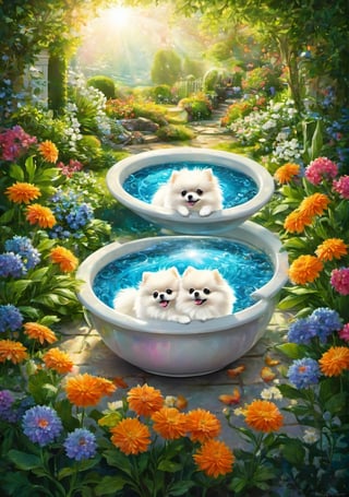 A White pomeranian in a soup bowl, in the garden with flowers and pool,


colorful,  ultra highly detailed,  32 k,  Fantastic Realism complex background,  dynamic lighting,  lights,  digital painting,  intricated pose,  highly detailed intricated,  stunning,  textures,  iridescent and luminescent scales,  breathtaking beauty,  pure perfection,  divine presence,  unforgettable,  impressive,  volumetric light,  auras,  rays,  vivid colors reflects,  sf,  greg rutkowski,kitakoumae