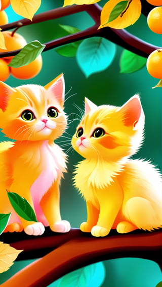 Side view shot, Turn around and look ahead, Two cute little fluffy fat kittens wearing pink coat sit down on the orange tree branch and Picking oranges from the treeand smiled happily, Autumn style, realistic high quality orange tree, oranges full the branch, maple leaves falling, big eyes so cute and beautiful, under the tree have a table, and apples and beautiful flowers, maple leaves falling, orange near flowers, Turn around and look viewers , pink flowers blooming fantastic amazing and romantic lighting bokeh, yellow flowers blooming realistic and green plants amazing tale and lighting as background, Xxmix_Catecat