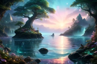 ocean,tropisl coast ,elven  fantasy art, cinema 4d, matte painting, polished, beautiful, colorful, intricate, eldritch, ethereal, vibrant, surrealism, surrealism, vray, nvdia ray tracing, cryengine, magical, 4k, 8k, masterpiece, crystal, romanticism -- Create a stunning landscape of an illuminated enchanted forest in the twilight. The painting should have a soft, ethereal lighting and vibrant pastel colors. The style should be realistic, resembling the works of Thomas Kinkade. Use oil on canvas as the medium, focusing on creating a high-definition scenic painting. in Brooding landscapes, epic scale, German myth, layered symbolic density