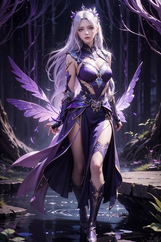 masterpiece,best quality,official art,extremely detailed CG unity 8k wallpaper,1girl, white hair, purple eyes, angry, frown, purple fire, cowboy shot, waterfall, butterfly, reflection, tree, light rays, caustics, light particles,  ,1 girl,ayaka_genshin,midjourney,wonder beauty ,dream_girl,ventidef,GdClth