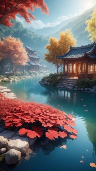 Masterpiece, best quality, (very detailed CG unified 8k wallpaper), (best quality), (best illustration), (best shadow), glowing elf with a glowing deer, drinking water in the pool, natural elements in forest theme. Mysterious forest, beautiful forest, nature, surrounded by flowers, delicate leaves and branches surrounded by fireflies (natural elements), (jungle theme), (leaves), (branches), (fireflies), (particle effects) and other 3D, Octane rendering, ray tracing, super detailed, alpine flowing water Xiaoqiao artistic conception beauty, there is a kind of sea and a hundred rivers with tolerance and great artistic conception, and landscape painting of Jiangnan water town. Red atmosphere, maple leaves, autumn, artistic conception, red lotus, lotus pond moonlight, autumn, pond --auto --s2