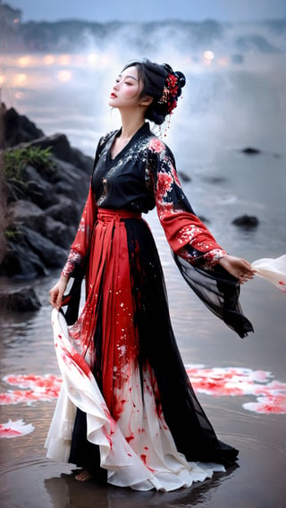 A poetic photography capturing a girl in elegant jin clothes,  surrounded by swirling ink fluid effects. The girl's attire is adorned with intricate patterns,  and she stands gracefully amid a sea of red and black. Her expression is serene as she gazes into the distance,  lost in thought. The ink fluid gracefully dances around her,  creating a dreamlike ambiance. Photographed in an intimate setting with soft lighting.,  (masterpiece, best quality:1.5),Eimi,kitakoumae