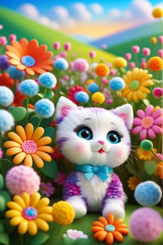 Imagine a doll made entirely of cotton in the shape of a kitten, cute and young, a new born one, without hair as it is a doll, 3/4 vision, pixar style, cute and happy character in a pose for a portrait, summer landscape, where all the flowers are colorful. Very colorful image but without saturation. Intricate art, 8k resolution, masterpiece, detailed background, handmade doll looking young and very cute cat (not a cat), depth of field, 3d style.,moonster