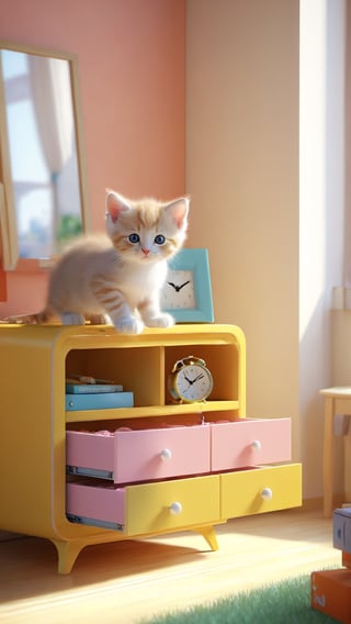 kitten playing in room, digital rendering, by Goro Fujita, Shutterstock, in room, clock on mini dresser, super cute, stock photo, NYFlowerGirl, Xxmix_Catecat, sticker, F41Arm0rXL,Leonardo Style